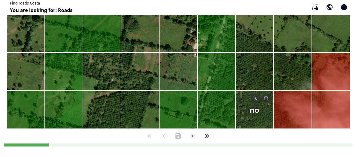 Et skjermbilde med et flyfoto som er oppdelt i 27 ruter. Over står teksten 'Find Roads Costa' og 'You are looking for: Roads'. Noen av rutene er farget grønne eller røde.